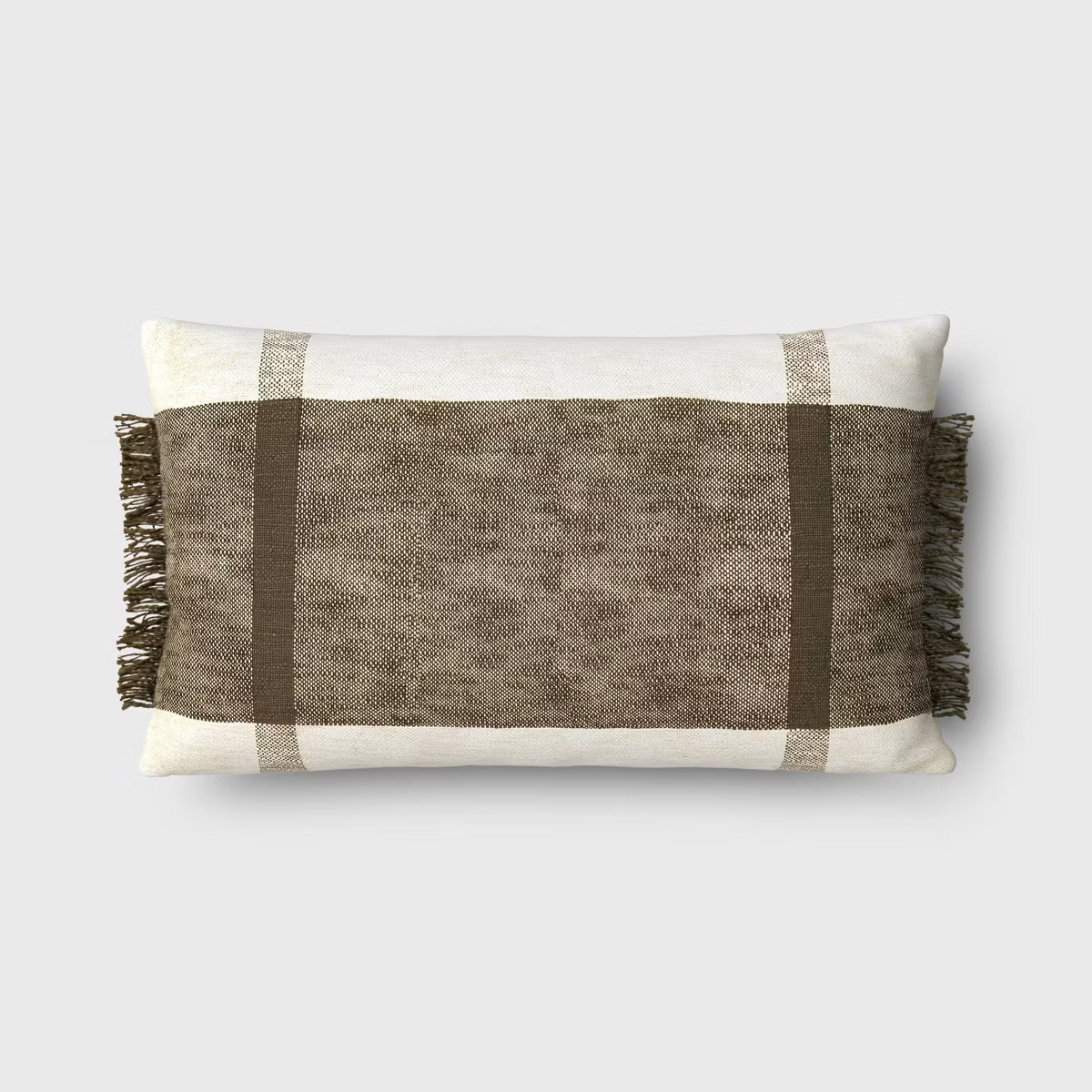 Oversized Textured Woven Cotton Striped Lumbar Throw Pillow Ivory/Dark Olive - Threshold™: Frin... | Target