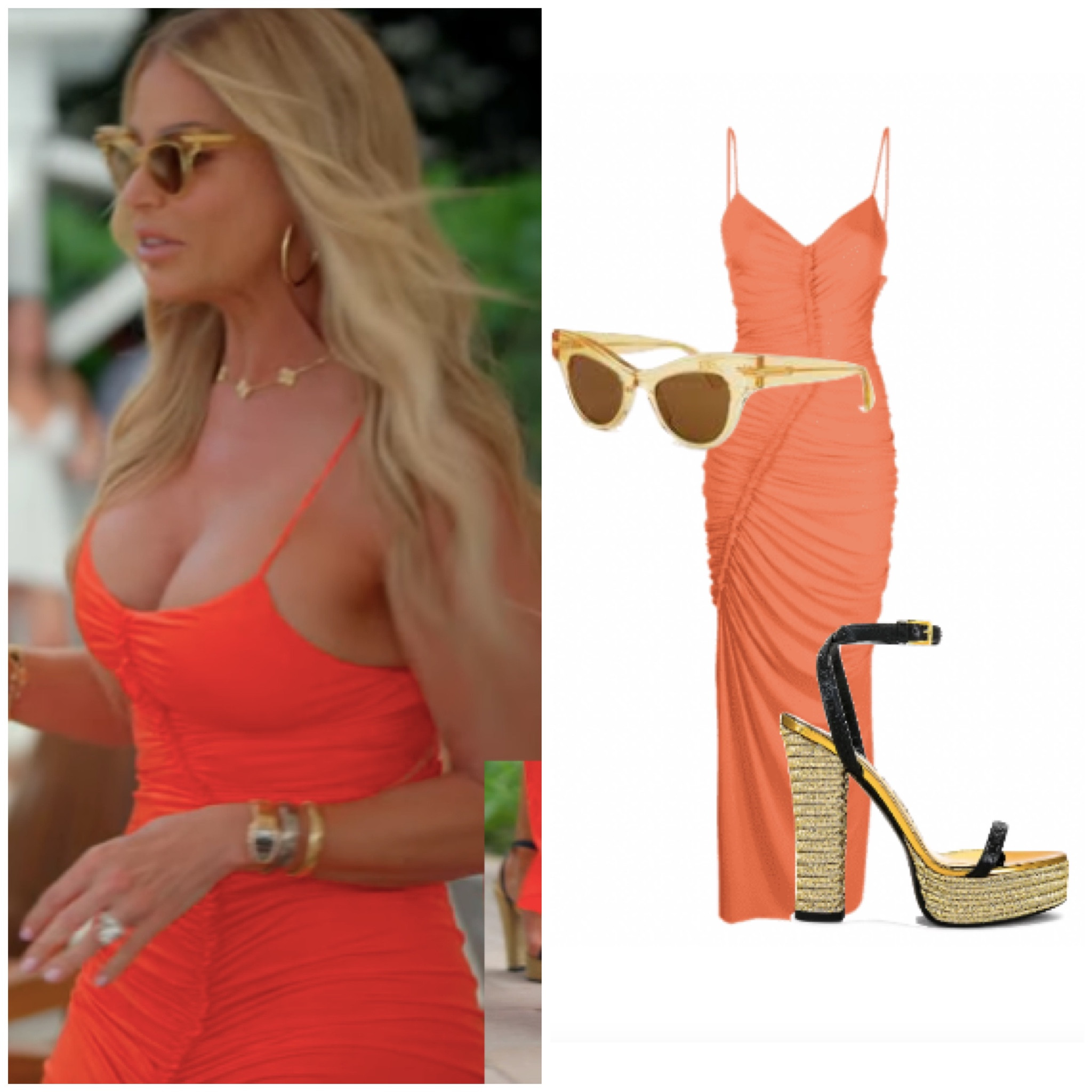 Alexia Echevarria’s Orange Ruched Dress, Yellow Sunglasses and Espadrille Platform Sandals
