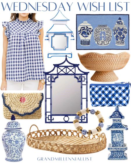 Grandmillennial home decor chinoiserie blue and white decor and fashion gingham ruffle top blouse pagoda mirror gingham check clutch pagoda decor woven kitchen bowl ginger jars indoor/outdoor rug woven summer clutch 

#LTKStyleTip #LTKItBag #LTKHome