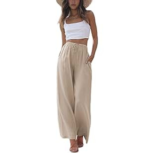 Faleave Women's Cotton Linen Summer Palazzo Pants Flowy Wide Leg Beach Trousers with Pockets | Amazon (US)