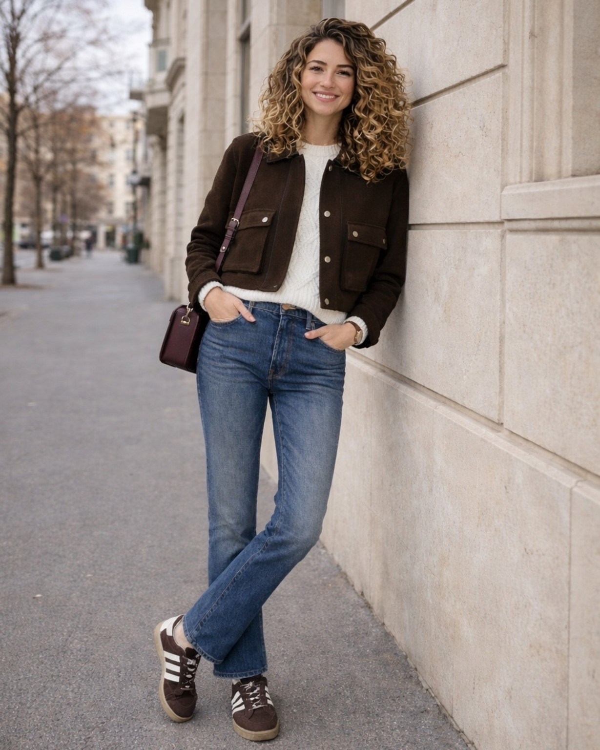 Dark brown wool jacket with leather collar styled over a cream cable knit sweater and medium wash flared jeans. Finished with brown suede sneakers, a structured brown crossbody bag, gold earrings, and a brown leather strap watch for a polished casual winter look.

#WinterOutfit #CasualChic #BrownStyle

#LTKOver40 #LTKootd #LTKSeasonal