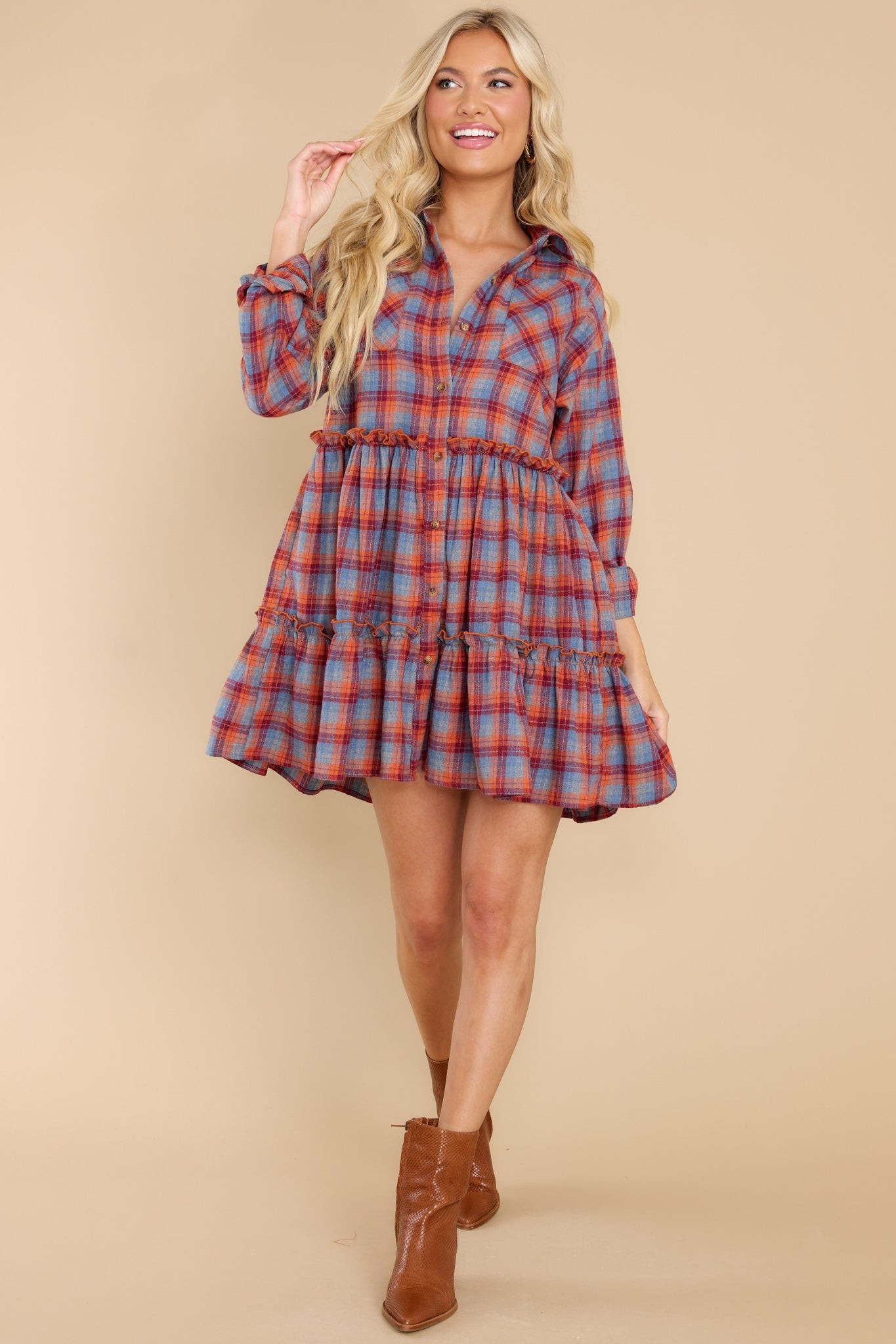 Like A Book Dusty Blue Multi Plaid Dress | Red Dress 