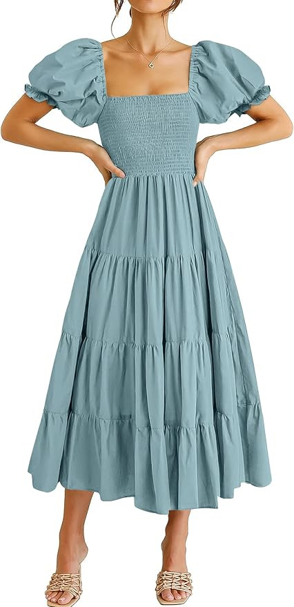 ANRABESS Women's Casual 2024 Summer Midi Dress Puff Short Sleeve Square Neck Smocked Tiered Boho ... | Amazon (US)