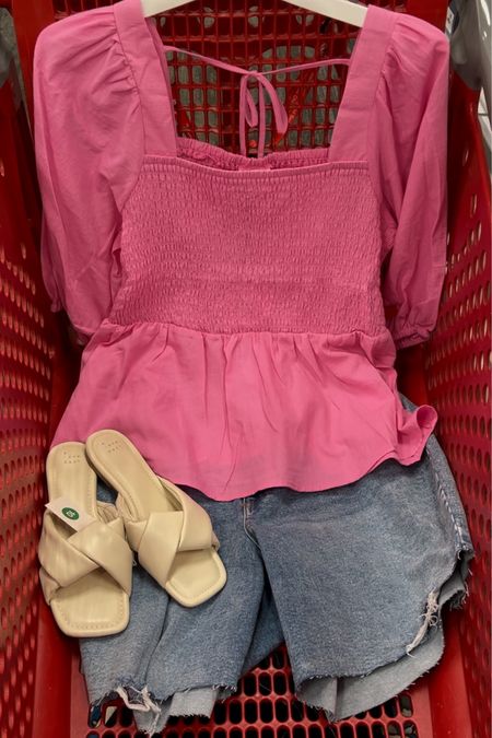 Target plus size outfit idea with this puff sleeve peplum smocked top and denim shorts. Own and love these comfy slide sandals. 

#LTKcurves #LTKstyletip