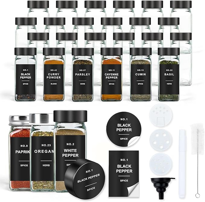 Spice Jars with Label, 24pcs 4oz Glass Spice Jars with Black Lids, Square Spice Containers with 3... | Amazon (US)
