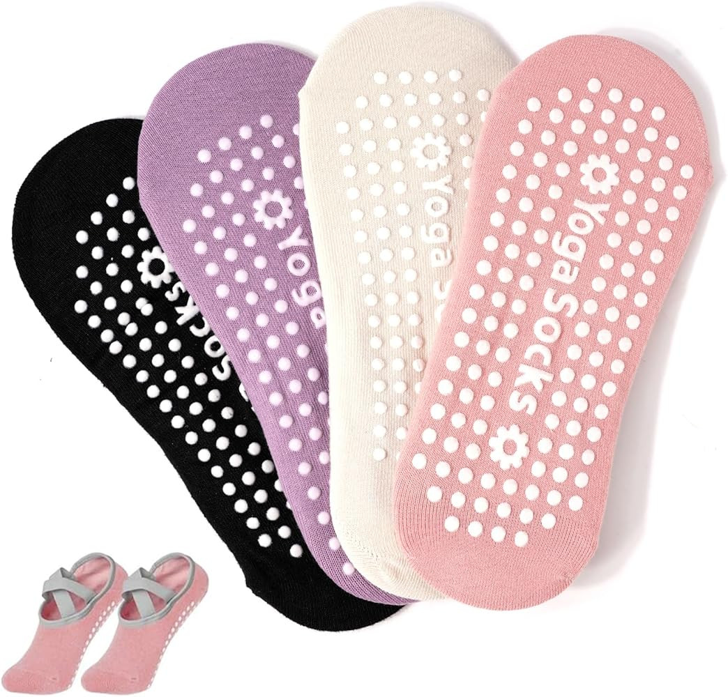 4 Pairs Women's Non-Slip Yoga Socks Pilates Cotton Size 3-6 with Handles for Dance, Ball, Fitness... | Amazon (FR)