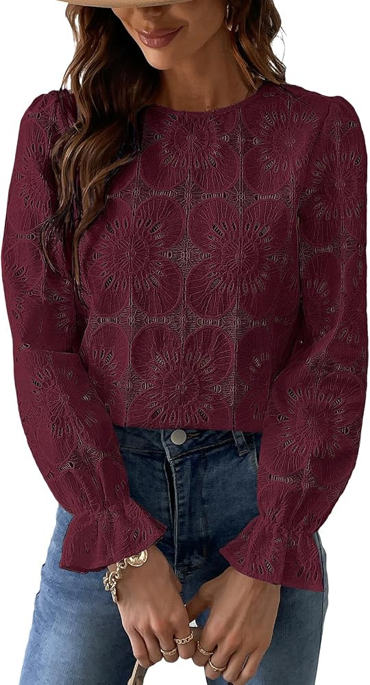 CUPSHE Women Eyelet Long Sleeve Tops Shirts Dressy Hollow Out Crochet Lace Embroidered Blouses 20... | Amazon (US)