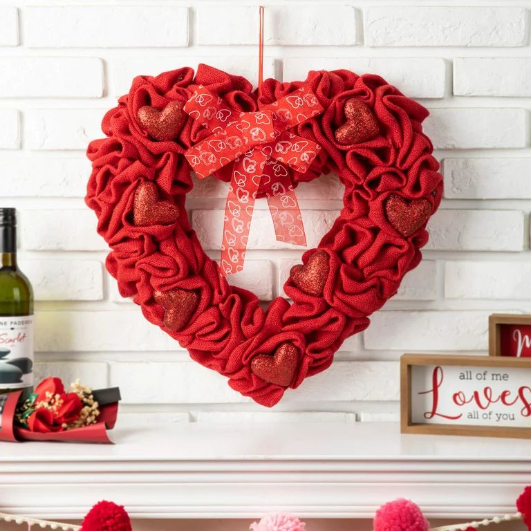 Glitzhome 19.2 x 17.7 Inches Fabric Valentine's Heart Wreath Hanging Decor | Walmart (US)
