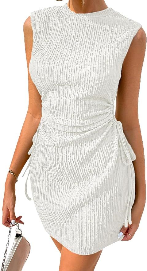 Acelitt Womens Summer Crewneck Sleeveless Cut Out Drawsting Ruched Mini Wedding Guest Dress | Amazon (US)