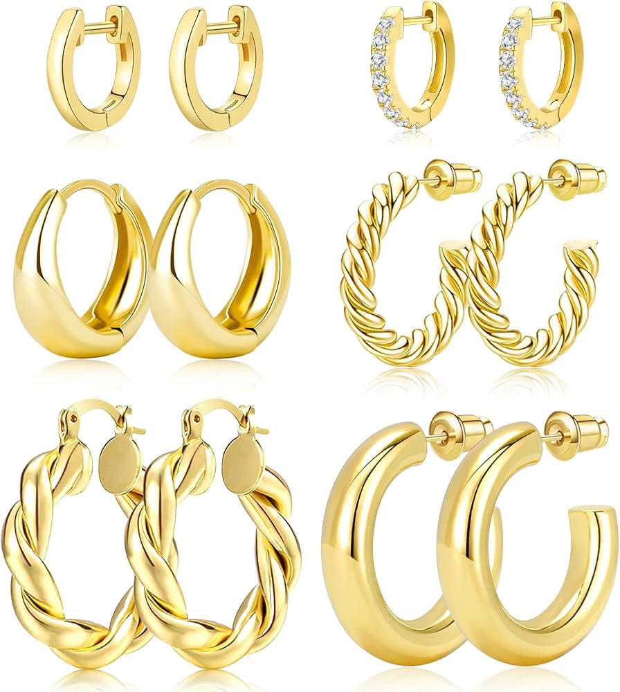 Adoyi Gold Hoop Earrings Set for Women 14K Gold Plated Chunky Hoops Twisted Huggie Hoop Earrings ... | Amazon (US)