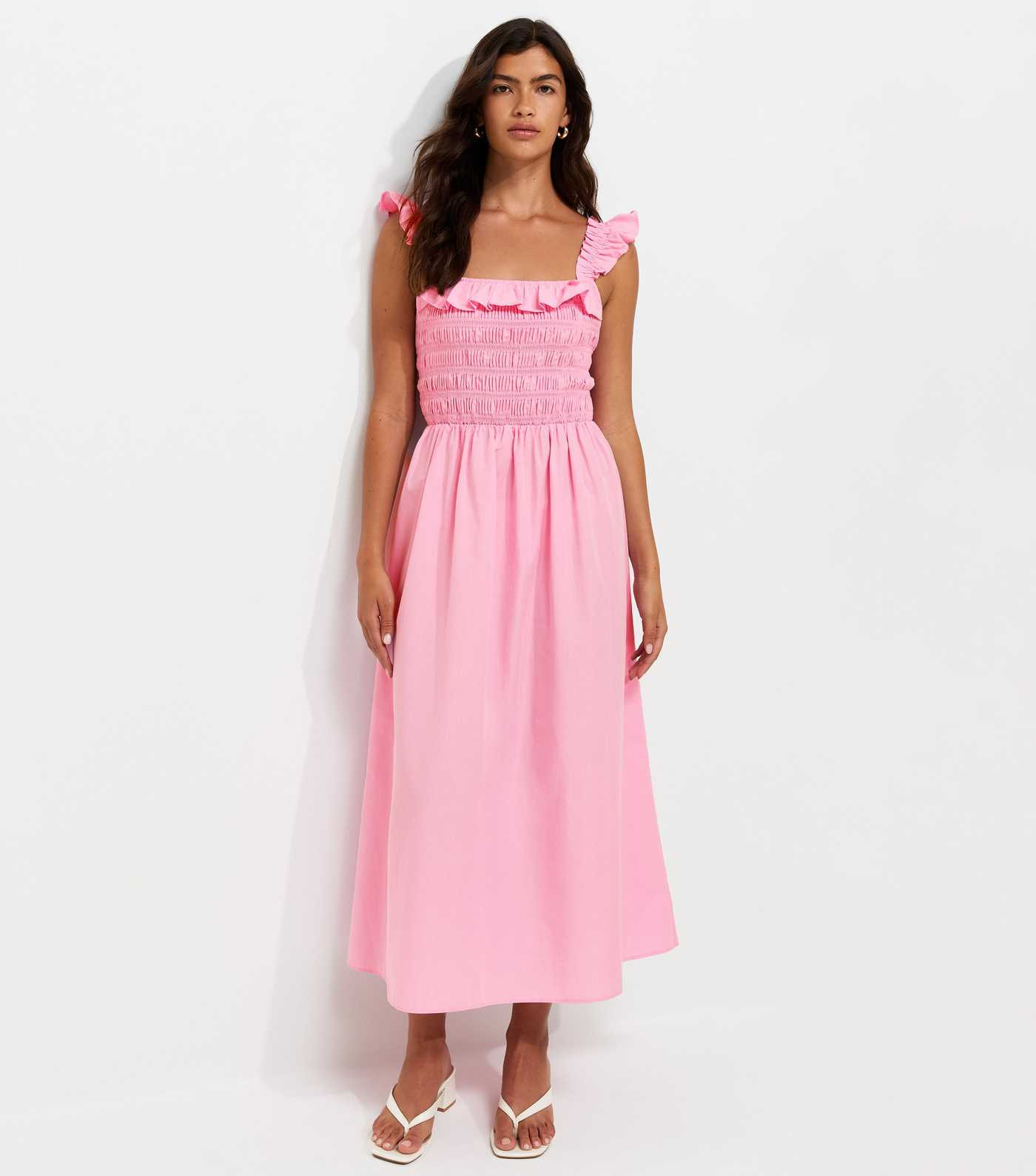 Light Pink Cotton Tie Back Shirred Poplin Midi Dress | New Look | New Look (UK)