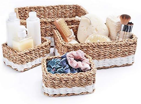 Woven Rectangle Seagrass Basket Set for Home - 4 Decorative Storage Baskets for Organizing and St... | Amazon (US)