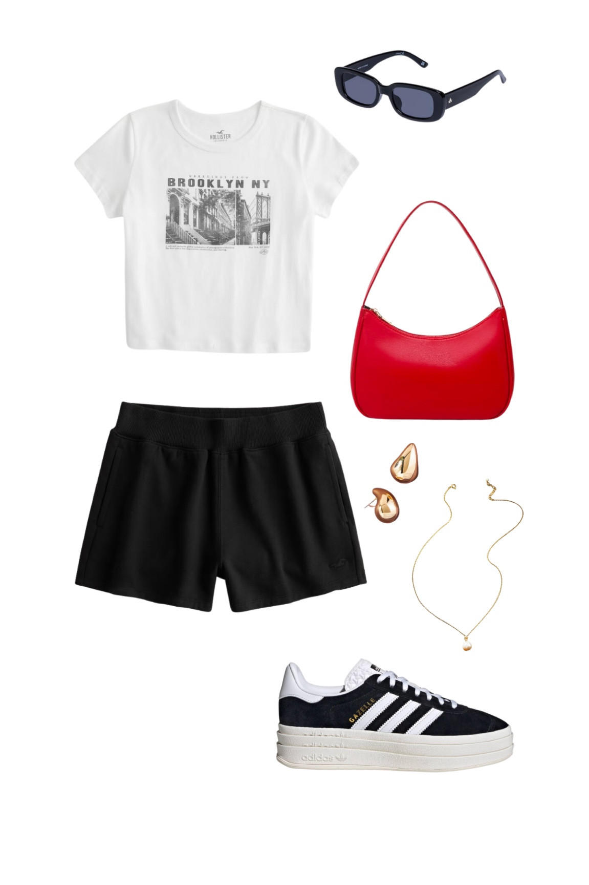 Fall transition outfit, casual street fashion, everyday outfit, city look, cherry red accessories, red apple purse, gold jewelry, adidas gazelle, sweatshorts, lazy day outfit, black sunglasses, graphic cropped tee, street style

#LTKfindsunder100 #LTKstyletip #LTKfindsunder50