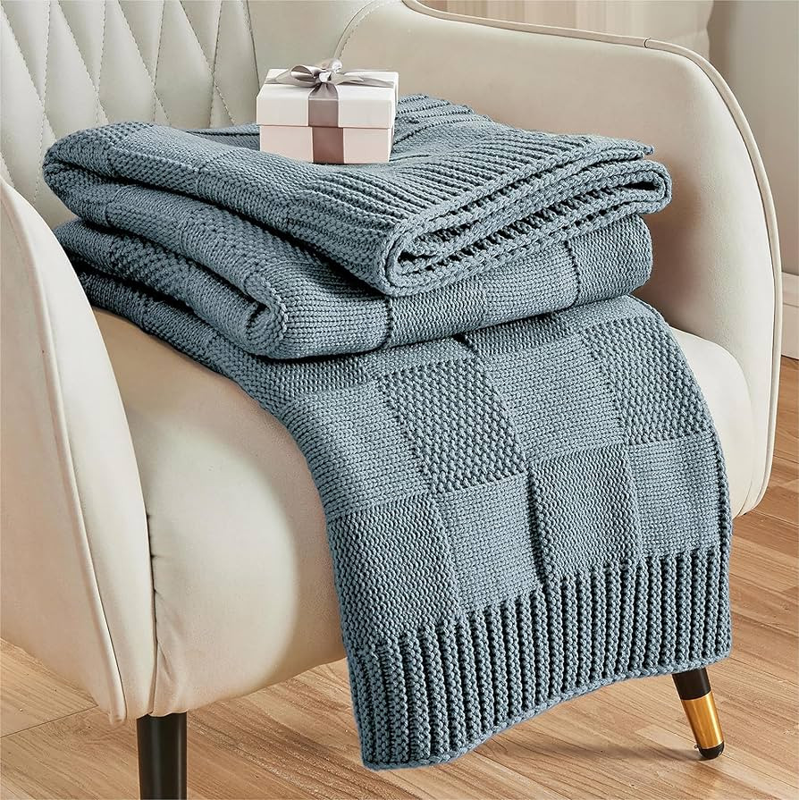Knit Throw Blanket, Blue Checkered Throw Blanket for Couch, Soft Cozy Warm Knitted Throw Blanket ... | Amazon (US)