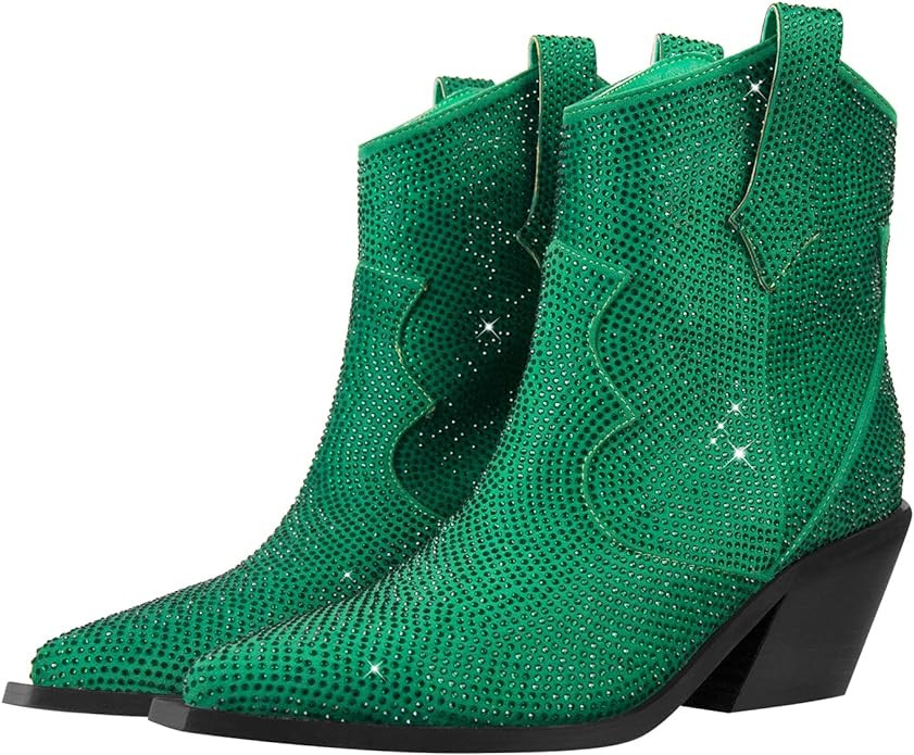 onlymaker Women's Rhinestone Cowboy Ankle Booties Pointed Toe Studded Pull On Chunky Stacked Heel... | Amazon (US)