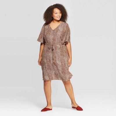 Women's Plus Size Animal Print Short Sleeve V-Neck Tie-Waist Woven Dress - A New Day™ Brown | Target