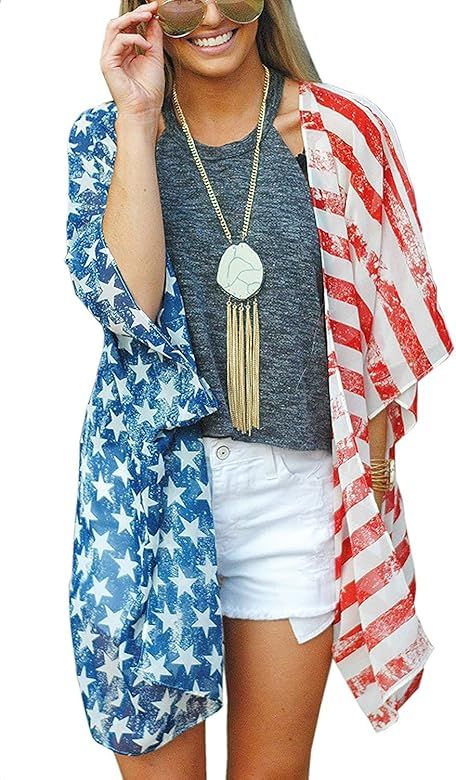 Women's Summer Swimsuit Beach Wear Kimono Cover Up American Flag Tops Cardigan | Amazon (US)