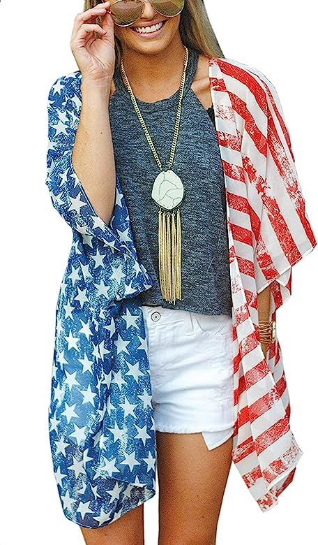 Women's Summer Swimsuit Beach Wear Kimono Cover Up American Flag Tops Cardigan | Amazon (US)
