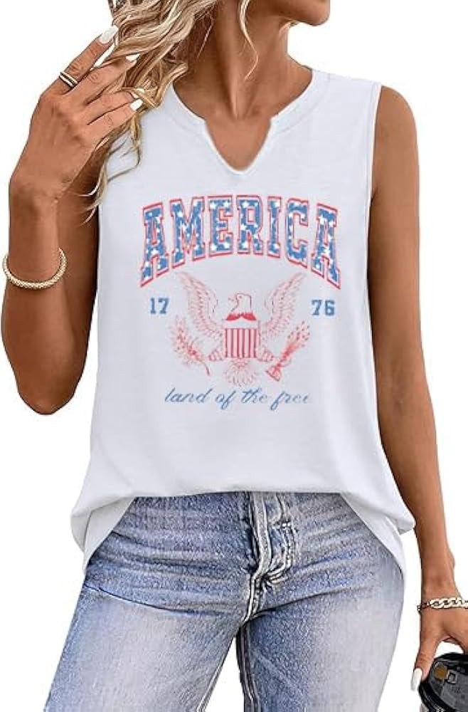 V Neck USA Patriotic Tank Tops for Women 4th of July America Stars Stripes Flag Graphic Shirts Sl... | Amazon (US)