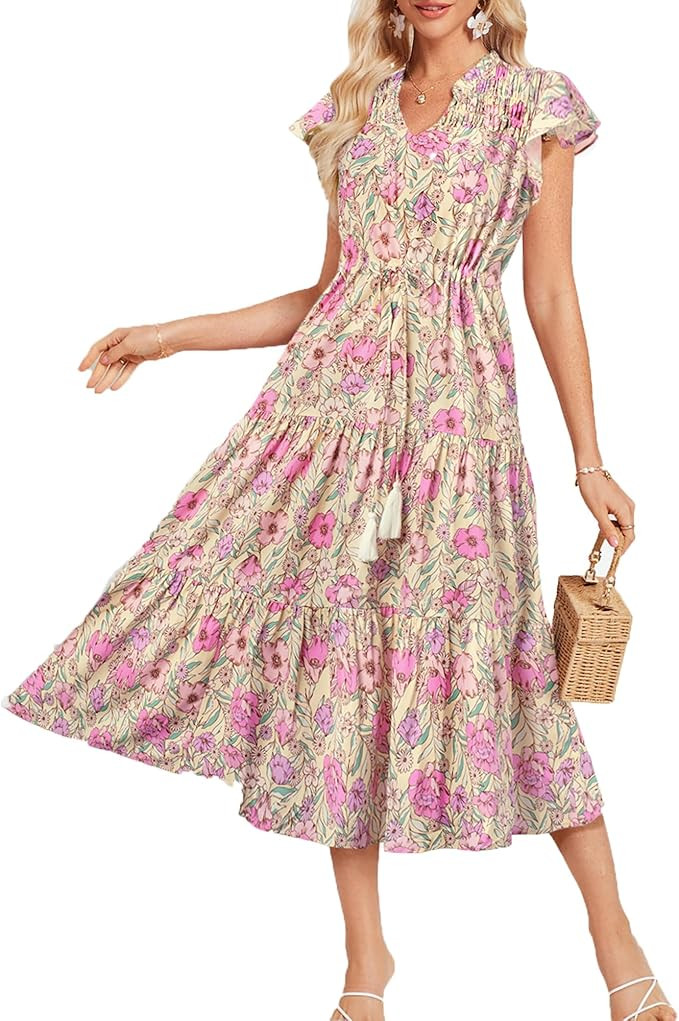 GRACE KARIN Womens Summer Floral Midi Dresses Short Sleeve Beach Wedding Guest Dress Drawstring L... | Amazon (US)