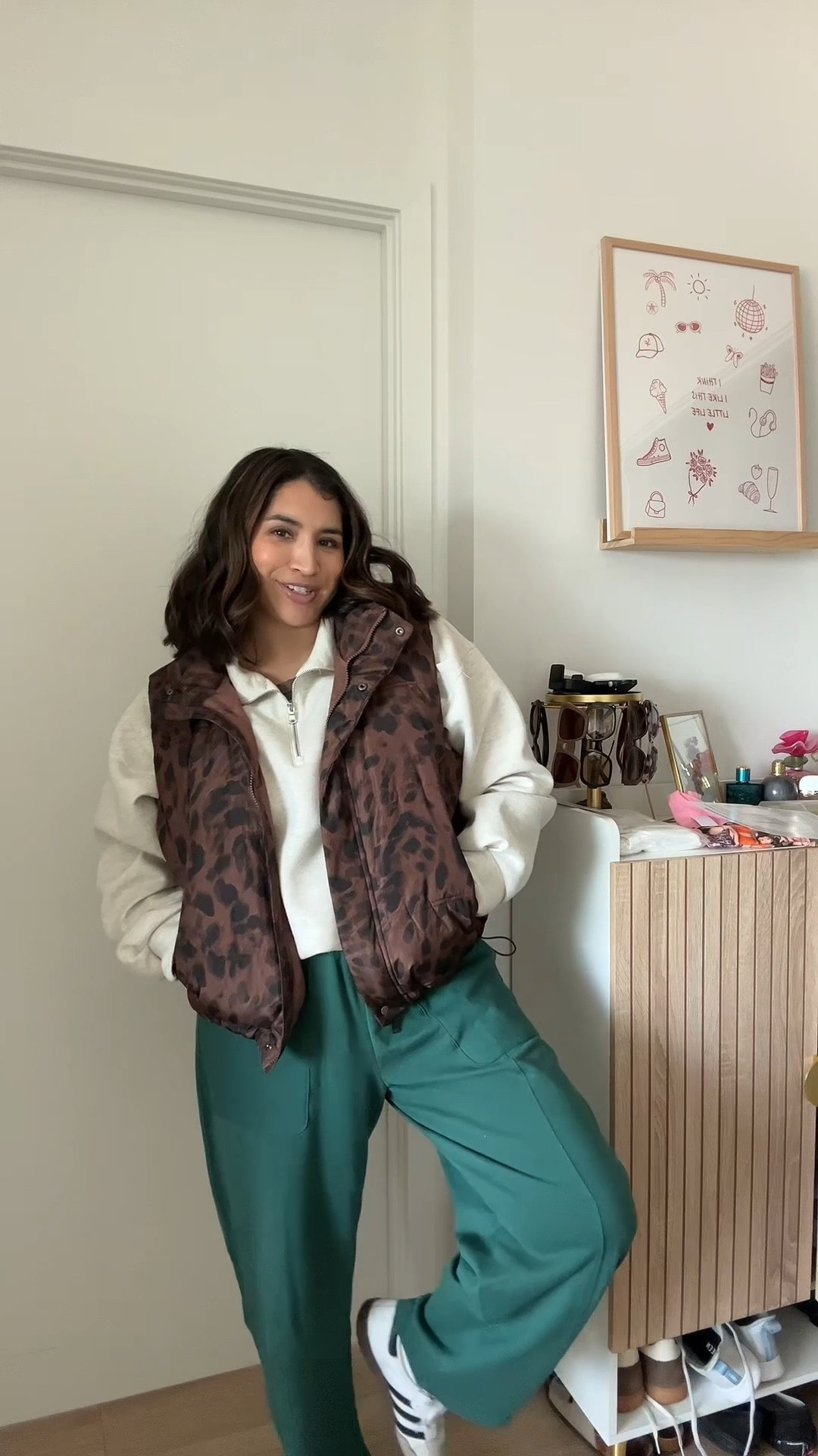 Cheetah puffer vest & pop of color green barrel leg sweats. The perfect mom fit for a day at the park  

#LTKmomlife #LTKootd #LTKdayinmylife