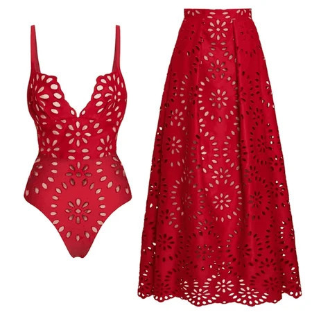 FLAXMAKER Women's One Piece Bathing Suit Red Petal Hollow V Neck Swimsuit and Skirt | Walmart (US)