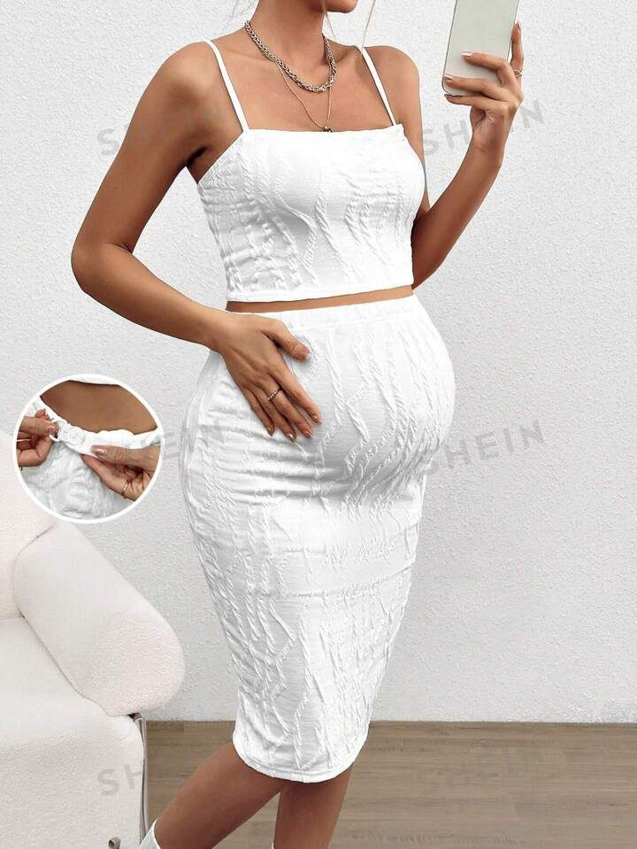 SHEIN Maternity Solid Color Adjustable Strap Top & Side Slit Skirt Two Piece Set | SHEIN