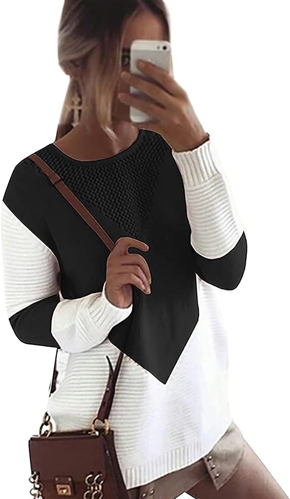 shermie Women Long Sleeve Crew Neck Pullovers Stitching Color Loose Knitted Sweaters | Amazon (US)