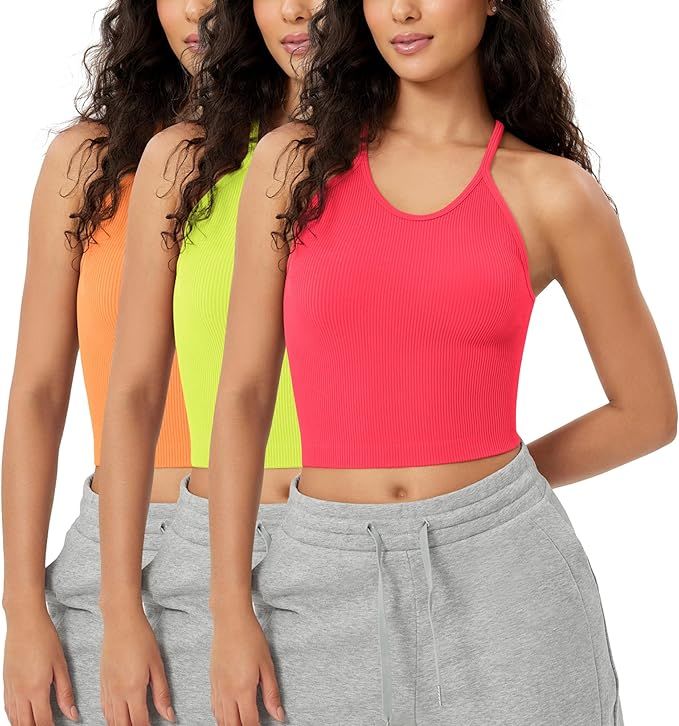 ODODOS Women's Crop 3-Pack Washed Seamless Rib-Knit Camisole Crop Tank Tops | Amazon (US)