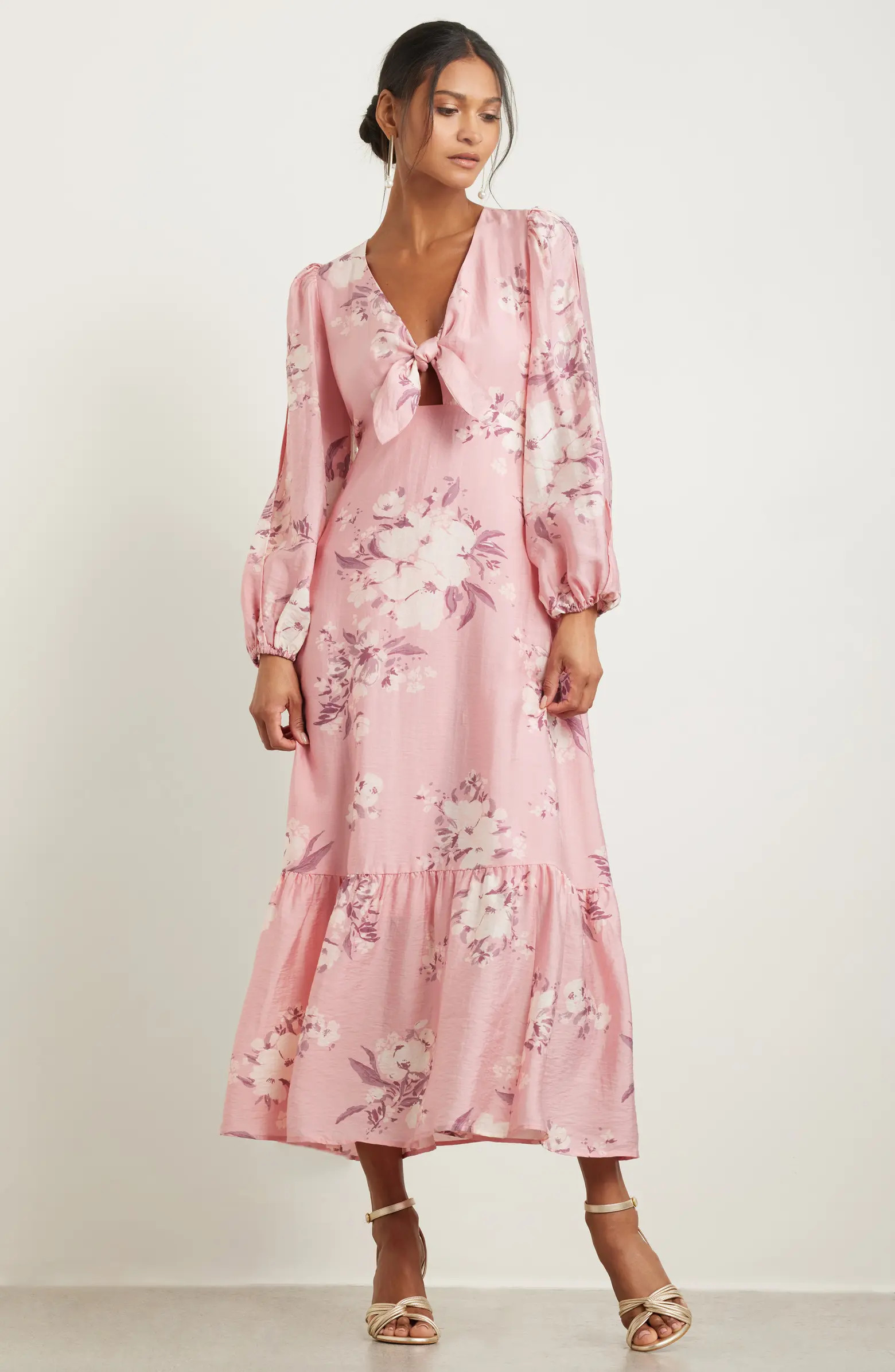 Floral Long Sleeve Tie Front Maxi Dress | Nordstrom