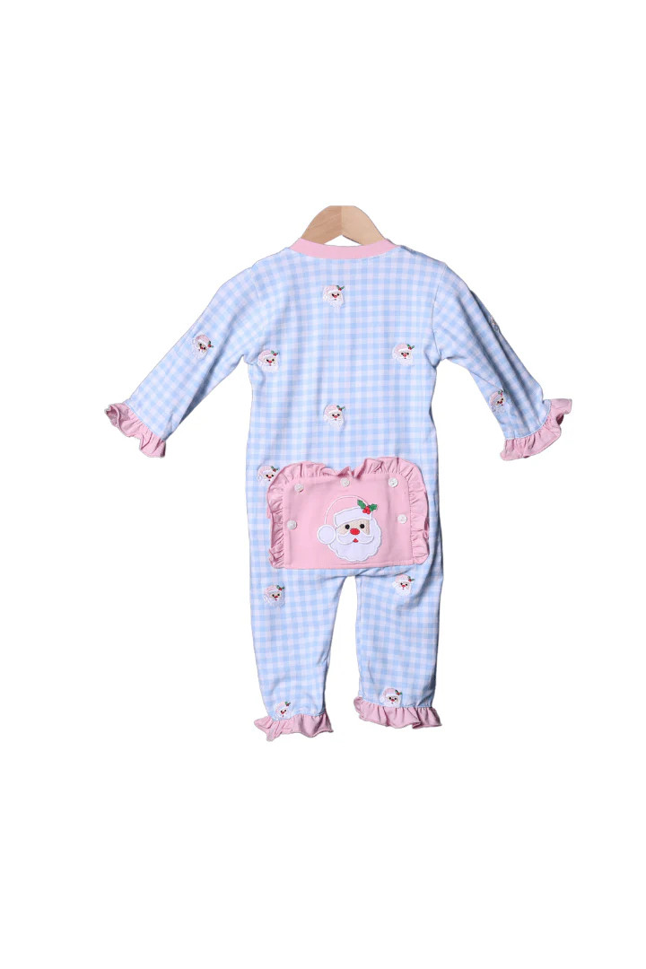 Blue and Pink Embroidered Santa Zippy | The Smocked Flamingo