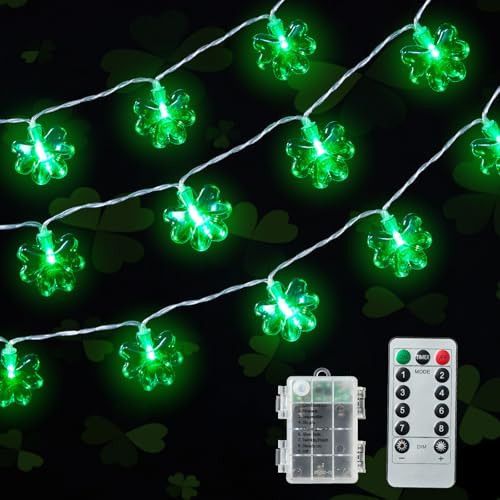 St Patricks Day Decorations Green Christmas Lights with 40 Led 3D Shamrocks, Battery Operated Lucky Clover Lights with Remote Control for Indoor Outdoor Home Garden Golf Cart St. Patrick's Day Decor | Amazon (US)