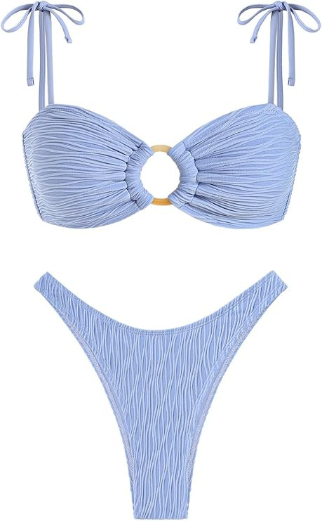 ZAFUL Women's Sexy Tie Spaghetti Strap Bikini Textured O Ring Ruched High Leg Swimsuit Cheeky Bat... | Amazon (US)