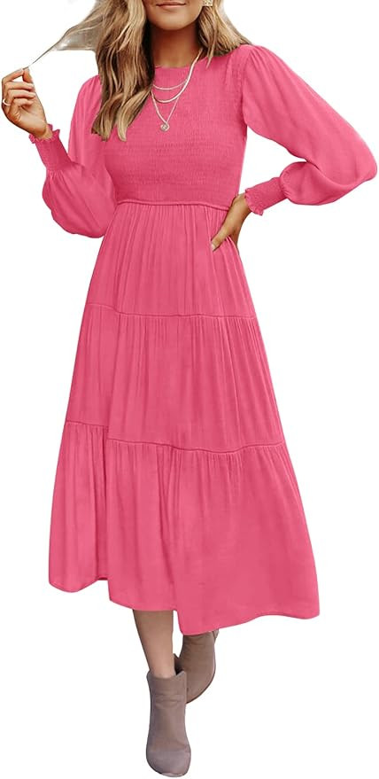 ZESICA Women's 2024 Casual Long Sleeve Crew Neck High Waist Smocked Flowy Tiered Midi Dress | Amazon (US)