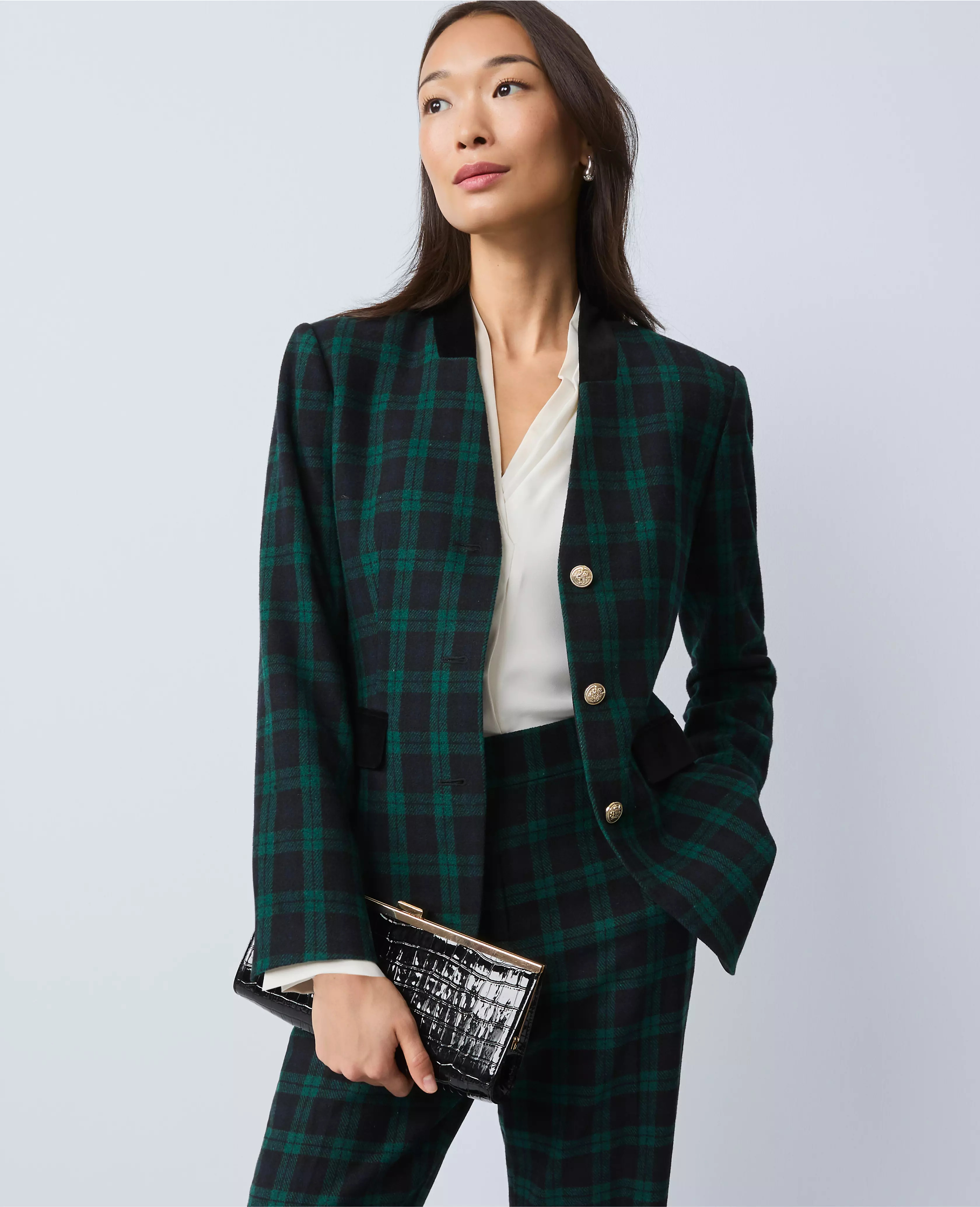 The Long Collarless Blazer in Plaid | Ann Taylor