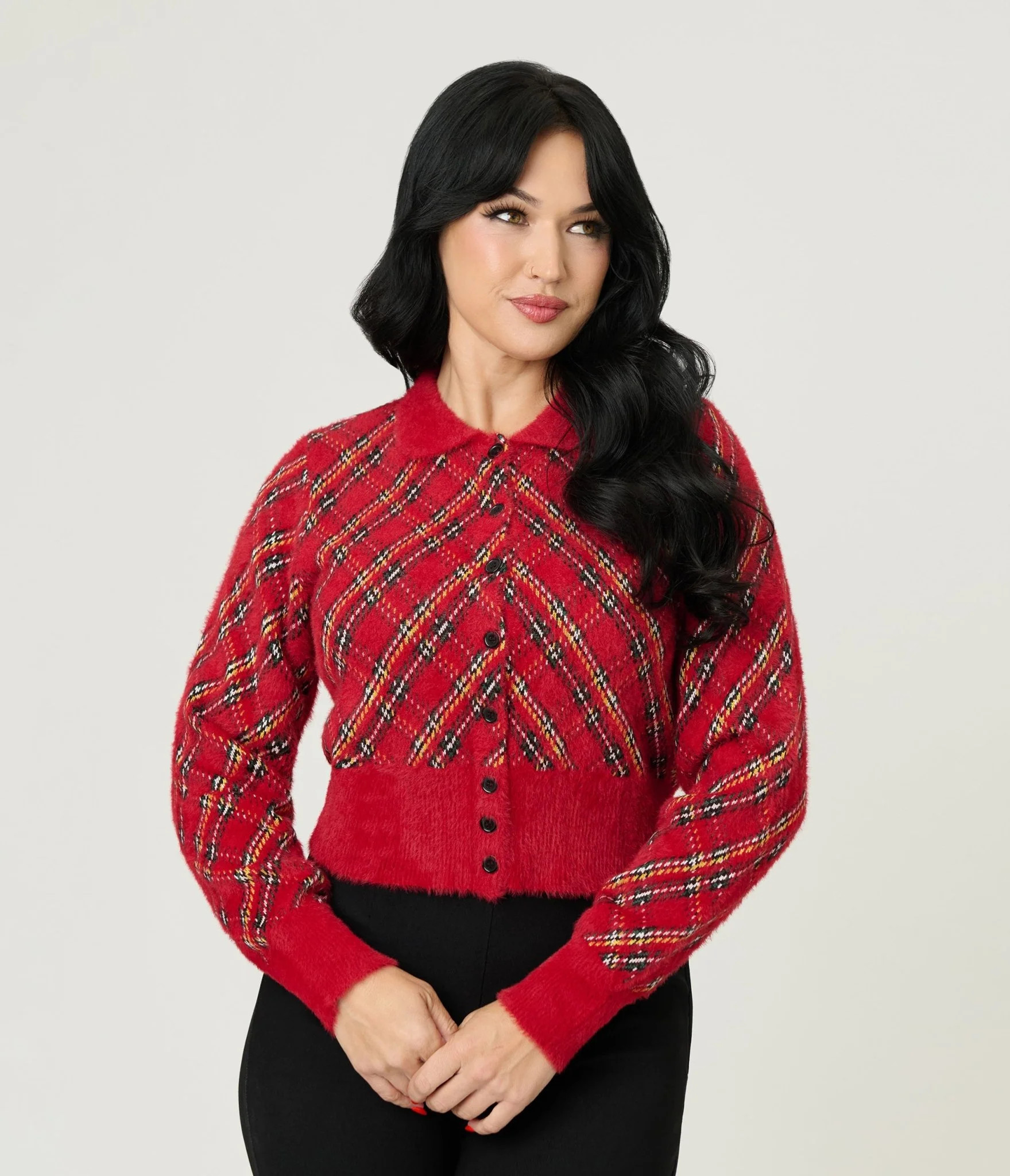 Unique Vintage Red Plaid Long Sleeve Cardigan | UniqueVintage