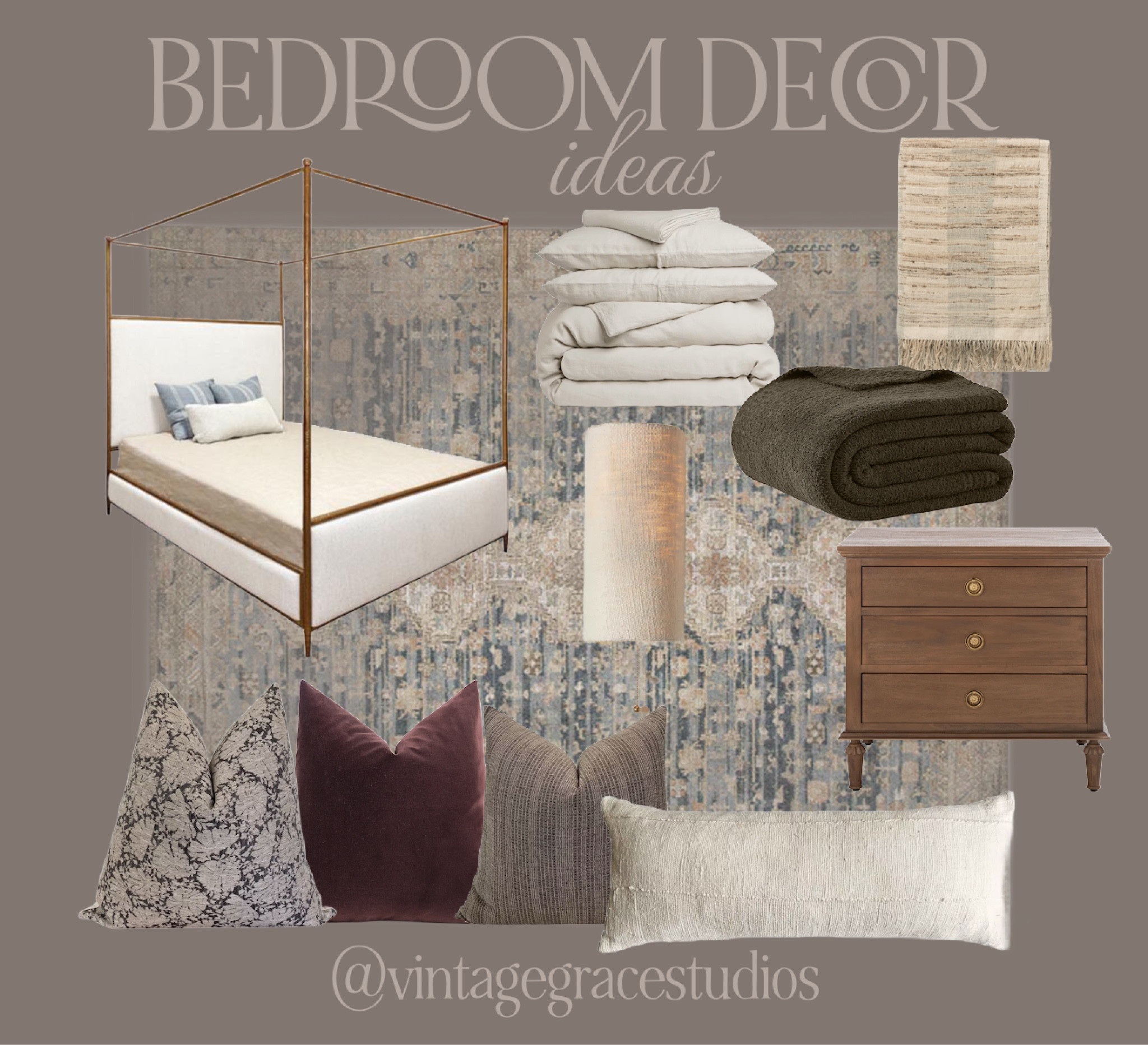 Bedroom decor ideas! Canopy bed frame, nightstands, wall sconces, Etsy throw pillows, throw blanket, duvet cover, vintage rug 

#LTKstyletip #LTKhome