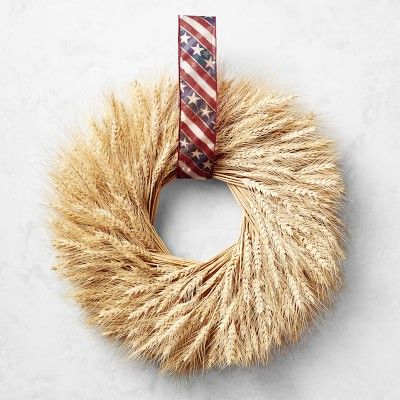 Natural Blond Wheat Wreath with Patriotic Ribbon, 20" | Williams-Sonoma
