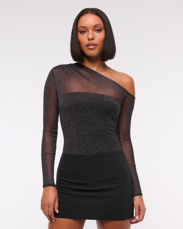 Long-Sleeve Asymmetrical Draped Mesh Bodysuit | Abercrombie & Fitch (US)