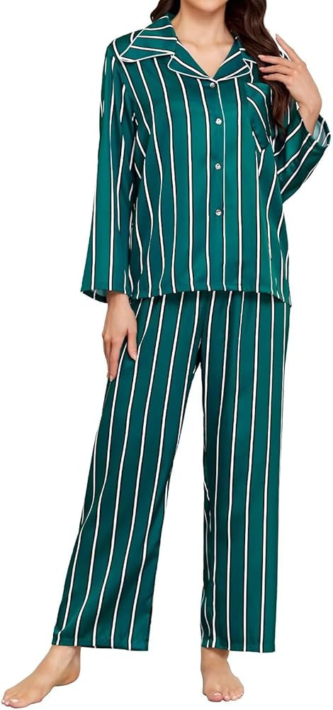 Brosloth Womens Silk Pajamas Set Long Sleeve Satin Pjs Button Up Striped 2 Piece Lounge Set Silky... | Amazon (US)