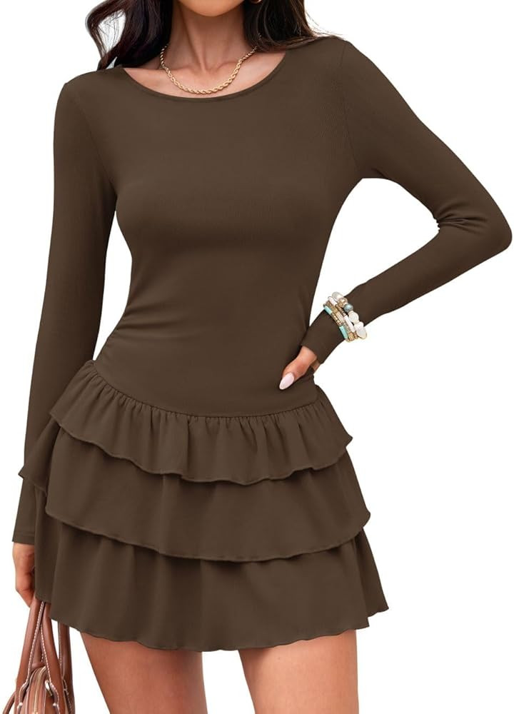 ZESICA Womens Long Sleeve Bodycon Mini Dress Ribbed Knit Crew Neck Ruffle Tiered Flowy Cocktail P... | Amazon (US)