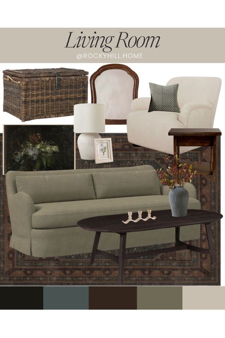 Modern Traditional Cottage Living Room Design, family friendly, child friendly living room, toy storage, oval coffee table, skirted sofa, scalloped home decor, affordable living room chair, moody floral art, small wall mirror, multi taper holder, pottery barn side table, moody vintage look rug, vase

#LTKhome #LTKfamily #LTKstyletip
