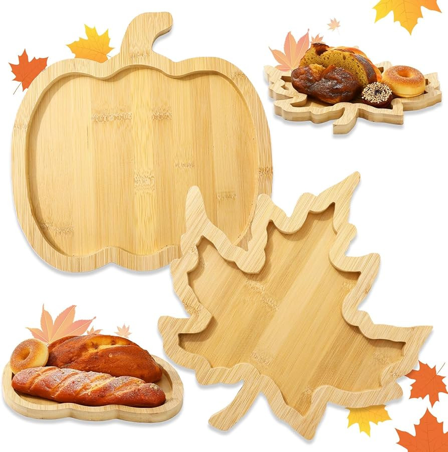 Whaline 2 Pcs Fall Serving Trays Pumpkin Maple Leaf Serving Platters Autumn Wooden Charcuterie Bo... | Amazon (US)