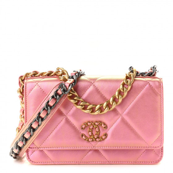 CHANEL Iridescent Calfskin Quilted Chanel 19 Wallet On Chain WOC Pink | Fashionphile