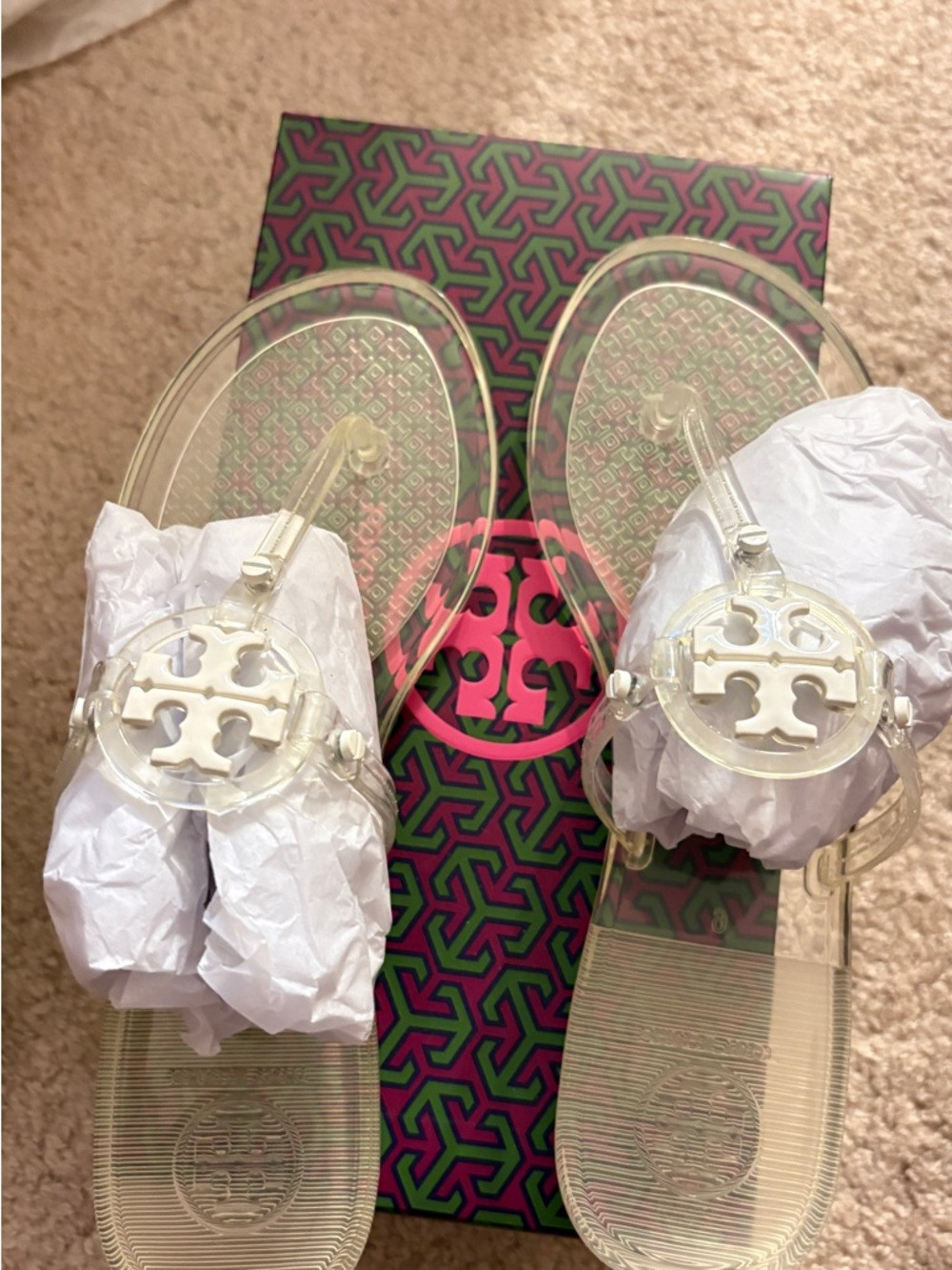 Tory Burch Mini Miller Flat Thong in Clear with White Logo size 6 | Poshmark