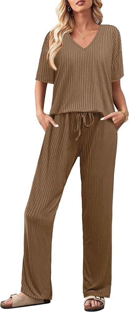 Ekouaer Lounge Sets for Women Short Sleeve Top and Long Pants Ribbed Knit Pajama Set 2 Piece PJ S... | Amazon (US)