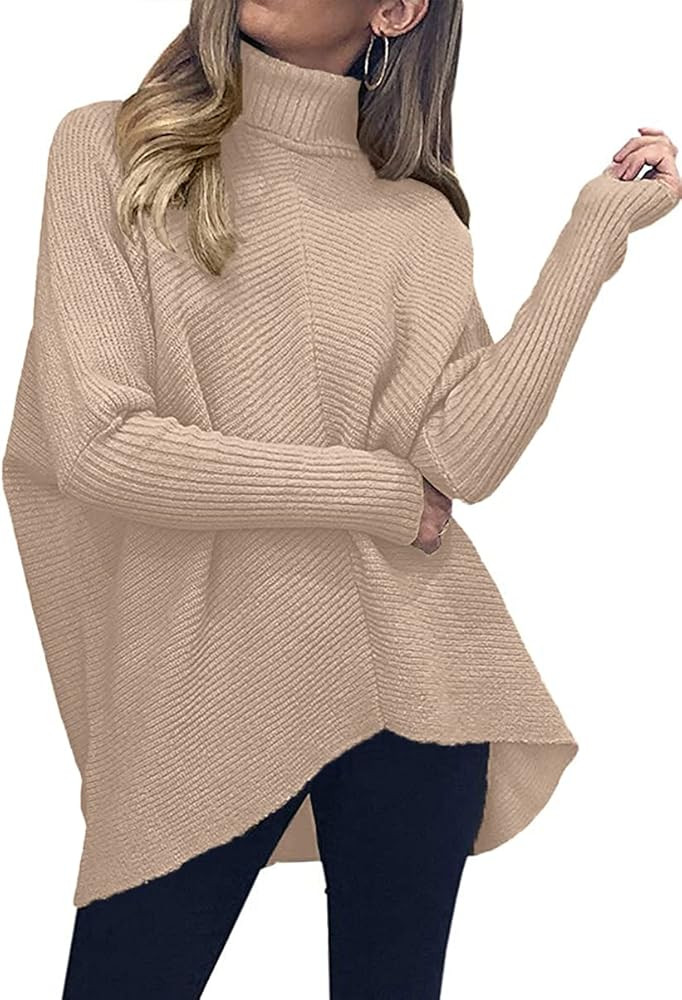 ANRABESS Womens Turtleneck Long Batwing Sleeve Asymmetric Hem Casual Pullover Sweater Knit Tops | Amazon (US)