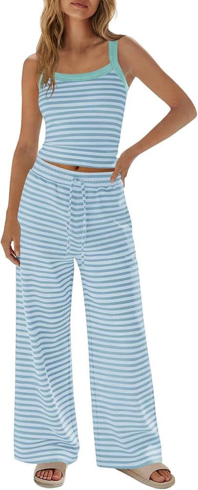 SENSERISE Womens Striped Lounge Set 2 Piece Outfits Spaghetti Strap Tank Top Wide Leg Pants Summe... | Amazon (US)