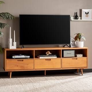 Welwick Designs 70 in. Caramel Solid Wood Boho Modern 3-Drawer TV Stand Fits TVs up to 80 in. | The Home Depot