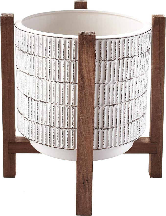Ceramic Planter on Wood Stand - Indoor/Outdoor Decorative Pot - White | Amazon (US)